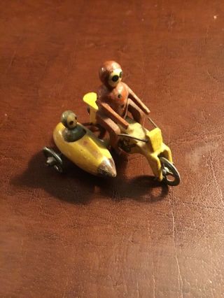 Miniature German Erzgebirge Carved Wood Man On Motorcycle W/sidecar Penny Toy