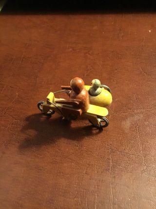 Miniature German Erzgebirge carved Wood Man On Motorcycle w/Sidecar Penny Toy 2