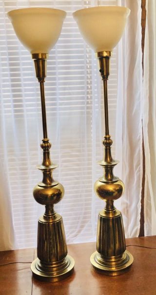 Vintage Pair Stiffel Torchiere Table Lamps Brass Mcm Hollywood Regency 32”