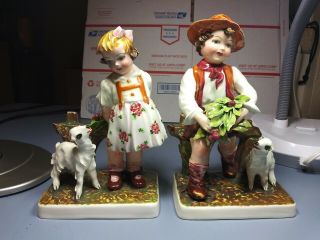 " Girl & Boy W/lambs Set " By Carlo Mollica/capodimonte Antique Italian Porcelain