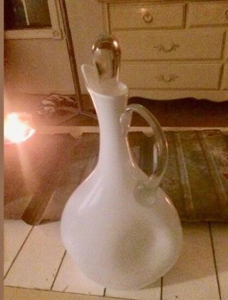 Murano Of Italy Hand Blown Dimpled Glass White Pitcher Decanter W/ Clear Stopper