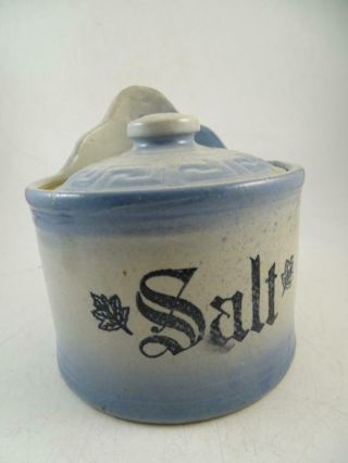 Antique Stoneware Crock Salt Red Wing Wall Jar Box Holder Kitchen Stenciled Vtg