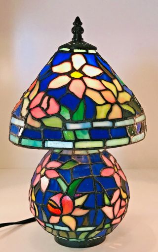 12 " Tall Blue & Pink Floral Stained Glass Accent Table Lamp From 2002