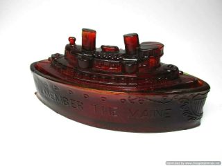 Vintage Remember The Maine Red / Amberina Glass Ship Glass Covered Candy