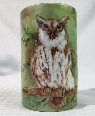 19th C Antique Porcelain Hand Painted Victorian Owl Vase Signed V.  Atchison