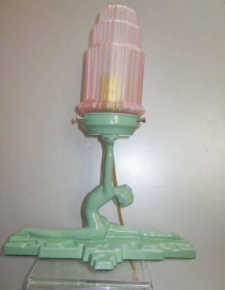 Frankart Style Nuart Art Deco Nymph Lamp Doing A Split Green Metal And Glass Usa