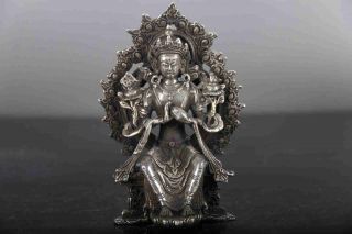 China Old Copper Plating Silver Hand - Carved Kwan - Yin Avalokitesvara Statue D01