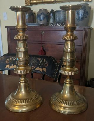 Pair Antique 19th Century Brass Push - Up Candlesticks Unusual Design