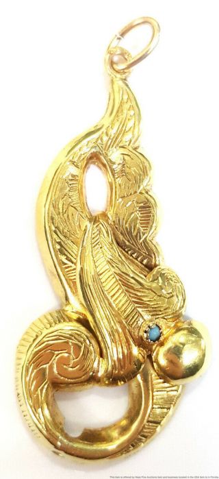 Antique Victorian 14k Yellow Gold Persian Turquoise Swirl Feather Pendant 2.  6g