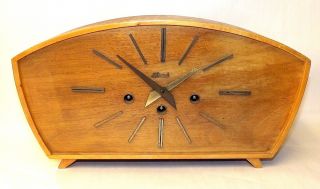 Mid Century Modern Teak Chiming Franz Hermle Wood Mantle Clock For Repairs