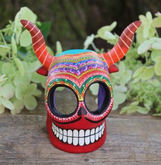 Red Devil Sugar Skull Handmade & Painted Day Of The Dead Puebla Mexican Folk Art