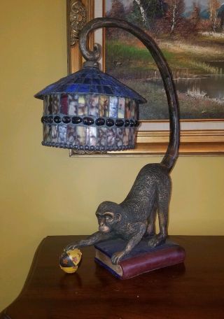 Maitland - Smith Monkey Playing W/ball Style Leaded Stained Slag Glass Lamp
