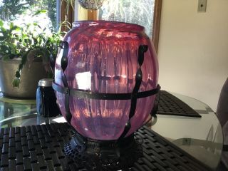 Vintage Fenton Opalescent Cranberry Ribbed Glass Hurricane Lamp Shade/Globe 2