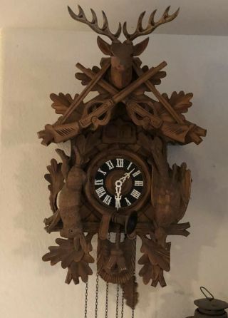 Large Vintage Cuckoo Clock 3 Weight 2 Door Carved Deer More