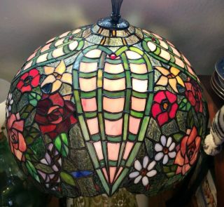 Vintage Tiffany Style Mid Century Lead Stained Glass Floral Lamp Shade 16 "