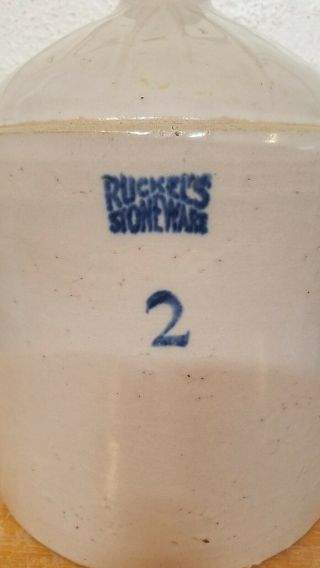 Vintage Ruckel ' s Stoneware Two Gallon Jug White Hall Pottery 2