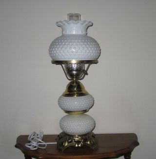 Vintage White Milk Glass Hobnail 3 - Way Hurricane Table Lamp Electric 20 1/2 " H.