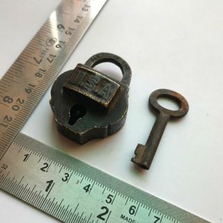 An Old Antique Solid Brass Miniature Padlock Lock With Key Rich Patina