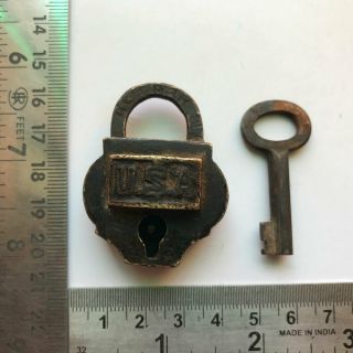 An old antique solid brass miniature padlock lock with key rich patina 2
