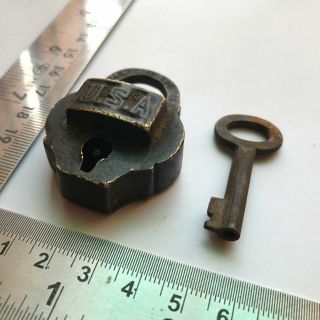 An old antique solid brass miniature padlock lock with key rich patina 3