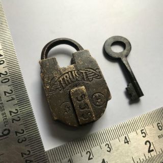 An Old Solid Brass Small Or Miniature Padlock Lock With Key " Trust "