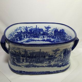 Victoria Ware Ironstone Extra Large Delft Blue Colonial Scene Foot Bath Vintage