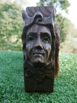 19thc Gothic Oak Carved Corbel Of A Head With Horned Hood