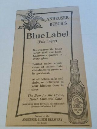 1913 Anhueser Busch Blue Label Pale Lager Beer Newspaper Ad St Louis Missouri