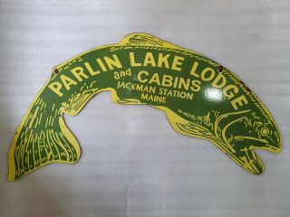 Parlin Lake Lodge 2 Sided 36 X 16 Inches Vintage Enamel Sign
