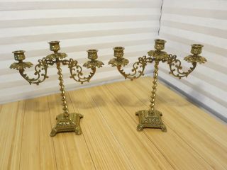Antique Set Of 2 Of French Style 3 Arm Brass Candelabras 12 " Tall