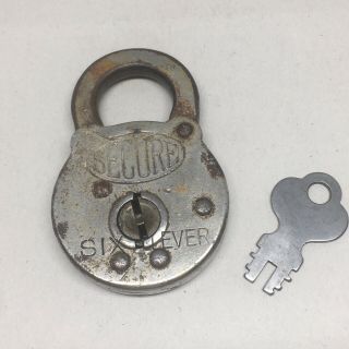 Vintage Secure Six Lever Padlock Flat Key Lock Antique With Key Metal