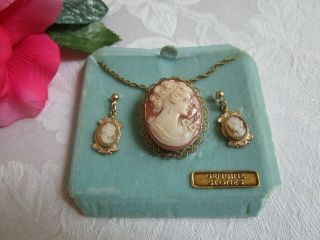 12k Gold Filled Hand Carved Cameo Necklace Earrings Vintage Very Good
