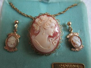 12K Gold Filled Hand Carved Cameo Necklace Earrings Vintage Very Good 2