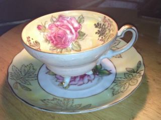 Royal Halsey 3 Footed Tea Cup & Saucer China Yellow Pink Roses Gold Lusterware