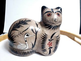 Vintage Tonala Mexico Folk Art Burnished Pottery 8 " Cat Floral W/deer & Bird