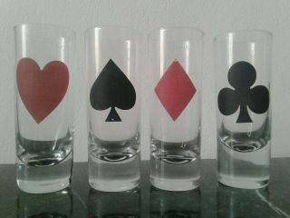 Set 4 Vintage Retro Shot Glasses Playing Card Suits Hearts Clubs Spades Diamonds