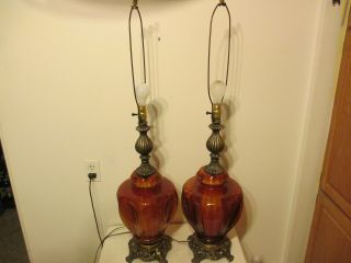 Vintage Pair Hollywood Regency Glass Table Lamps Gim 1967 Amber Hand Blown 26 " T