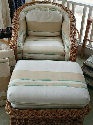 Vintage Wicker And Cloth Cushioned Chair With Ottoman By Mccurry