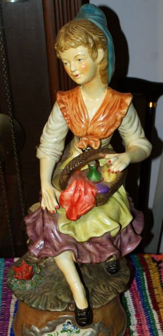 Lovely Antique 22 3/4 " Porcelain Figure Of A Woman Holding Her Sewing Basket