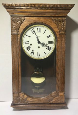 Trend By Charles Sligh Wind Up Pendulum Wall Clock Vtg Solid Oak Cabinet Case