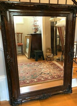 Large Vintage Beveled Mirror With Mahogany - Finish Wood Frame