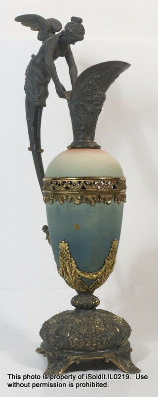Large Antique Porcelain Vase W/ Metal Angel Handle 21.  75 "