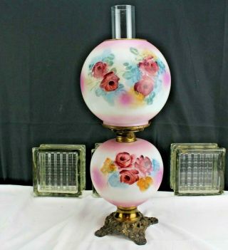 Antique Gwtw Oil Lamp Pink And White With Roses 1909 - 1920 Home Lighting