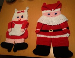 (2) Handmade Vintage Crochet Knit Santa Mrs Claus Large Christmas Stockings Y8
