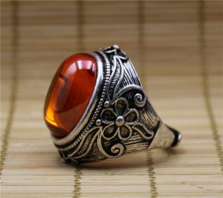 Unique Chinese Tibetan Silver Handwork Carved Flower Inlaid Zircon Ring