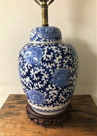 Vintage Chinese Blue & White Porcelain & Brass Ginger Jar Lamp - 27”