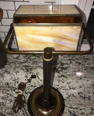 Antique Bronze Desk Lamp - Brown Amber Stained Glass 15.  5” T Base 6.  5 " Patina
