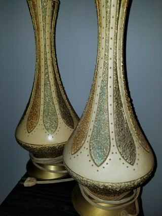2 Vintage Mid Century Modern Ceramic Table Lamps Blue Beige Speckled Pair Retro