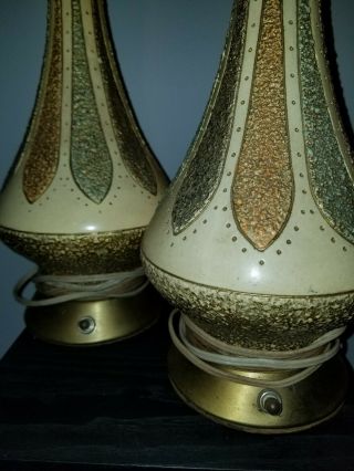 2 Vintage Mid Century Modern Ceramic Table Lamps Blue Beige Speckled Pair Retro 3