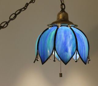 Rare Vintage Blue Slag Glass Tulip Hanging Swag Lamp Light Chandelier Ceiling